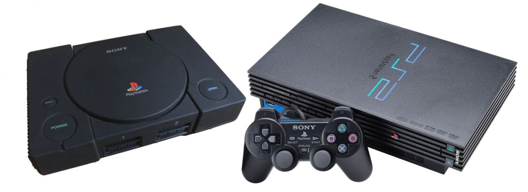 A Net Yaroze console, next to it's successor, the PlayStation 2.