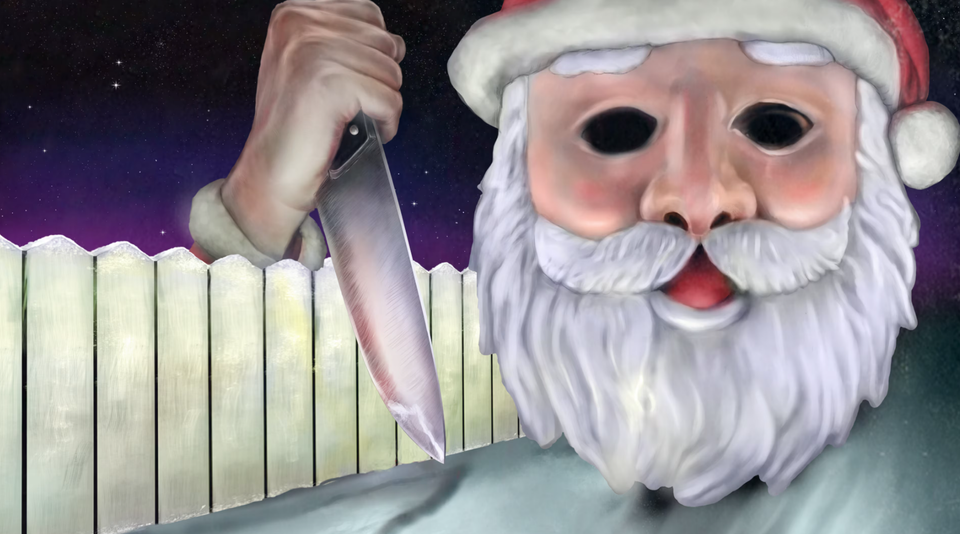 A large Santa, with large knife, looking menacingly towards towards the camera
